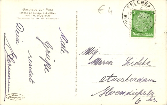 Postcard Erlenbach am Main in Lower Franconia, lots of landscape, vineyards, village with houses, church