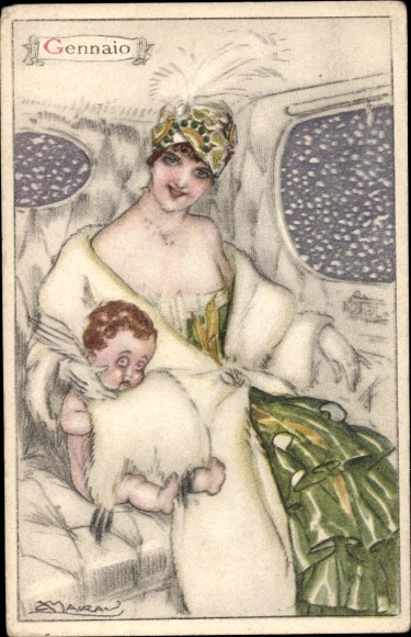 Artist Postcard Mauzan, woman with small child