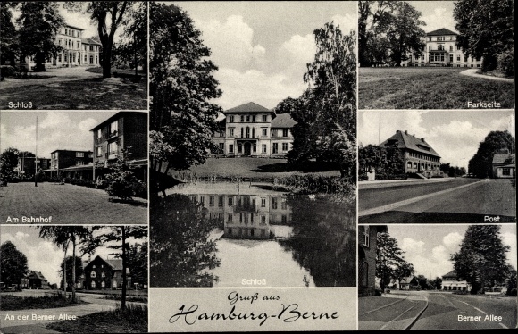 Ansichtkaart Hamburg Wandsbek Farmsen Bern, kasteel, treinstation, postkantoor, Berliner Allee