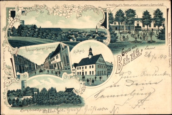 litho Bad Belzig in de Mark, kasteel Eisenhardt, Brandenburger Straße, gemeentehuis, restaurant