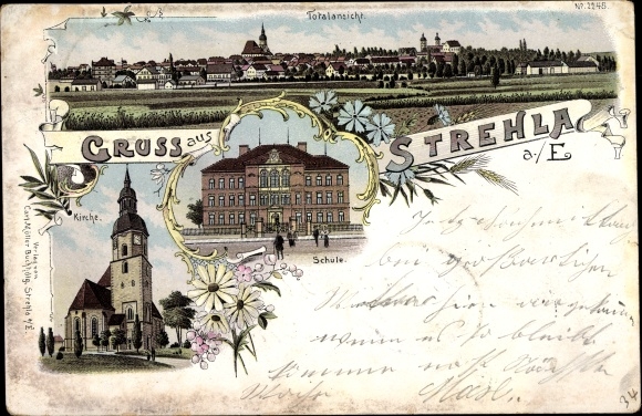 Chromo-Litho Strehla on the Elbe Saxony, total view, church, school