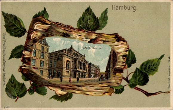 Tłoczona litografia brzozowa Hamburg Mitte Stare Miasto, Teatr Miejski, widok z ulicy