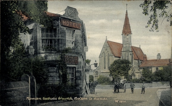 Postcard Bolton North West England, Hotel, Roman Catholic Church, Architecture, People with Horse and