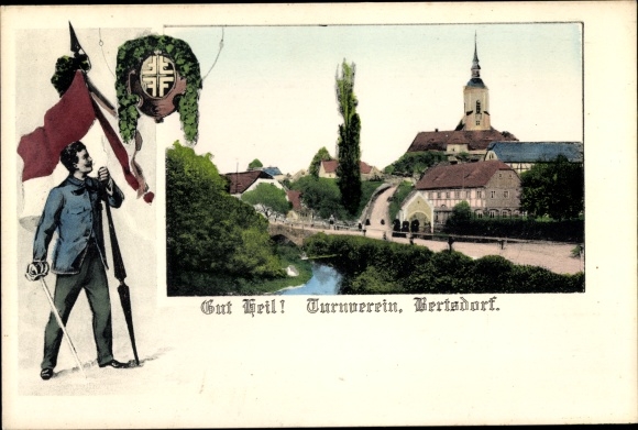 Ansichtkaart Bertsdorf in Oberlausitz, gymnastiekclub, kerk