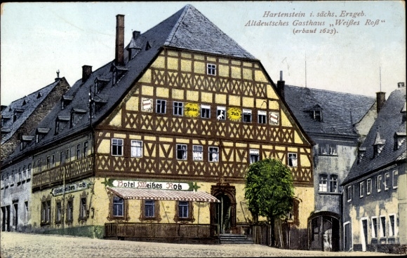 Postcard Hartenstein Erzgebirge Saxony, Old German Inn Weißes Ross, exterior view