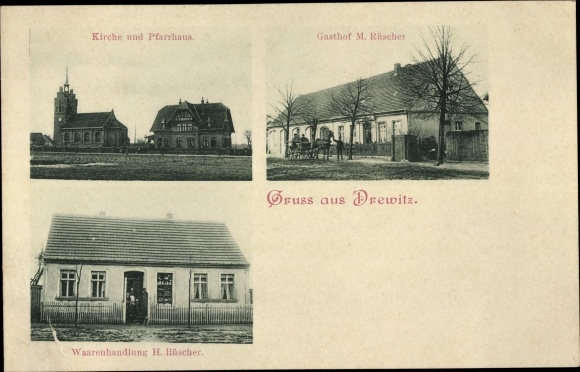 Ak Drewitz Möckern Jerichower Land, kerk, pastorie, herberg M. Rüscher, warenhuis H. Rüscher