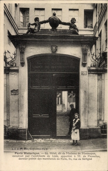 Ansichtkaart Tempel van Parijs, hotel bekend als Madame de Montespan, Rue de Sévigné 52, distributiefabriek