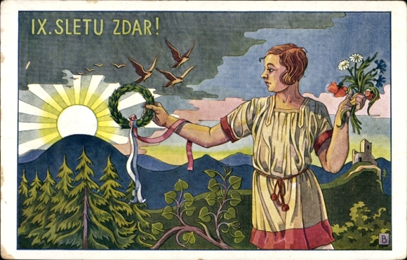 Artysta KP Czechy, Zaproszenie na IX Sletu Zdar, Dziewczyna z wieńcem i kwiatami