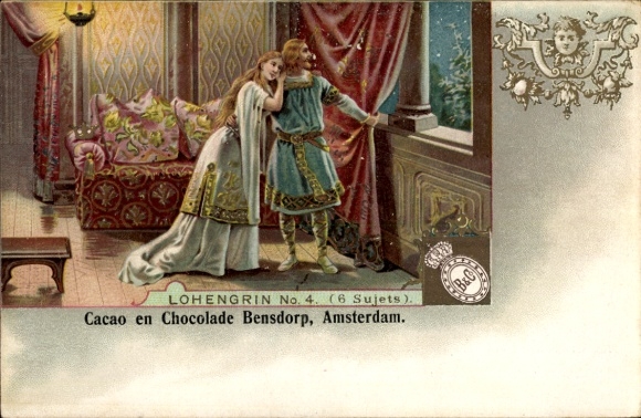 litho Lohengrin, scène, geliefden, reclame, chocolade en cacao Bensdorp