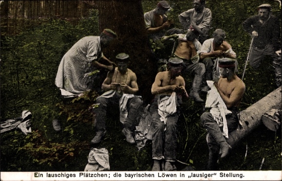 Ak Ein lauschiges Plätzchen, die bayrischen Löwen in lausiger Stellung, Soldaten suchen Flöhe
