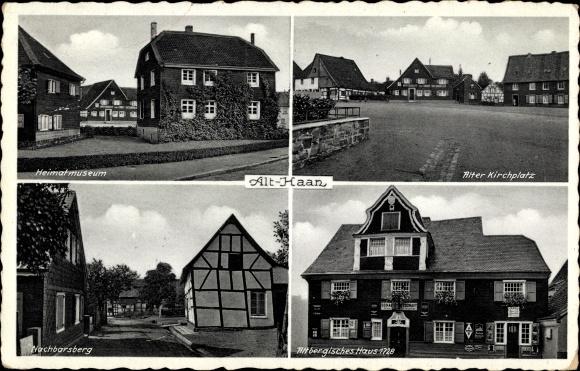 Postcard Haan in the Rhineland, church square, Altbergisches Haus, neighboring mountain, local history museum