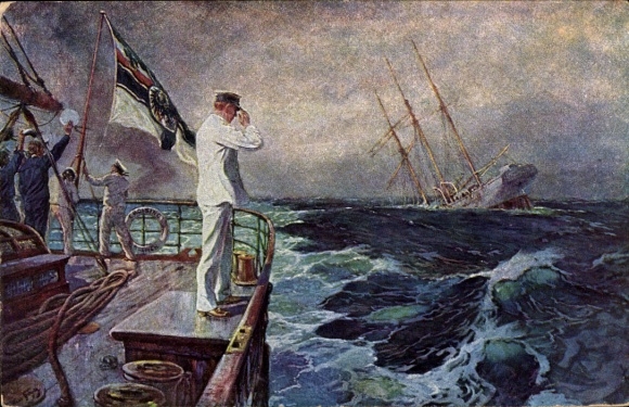 Artist Postcard Bohrdt, Hans, The last greeting, Lieutenant Commander Hellmuth von Mücke, SMS Emden, SMS Ayesha
