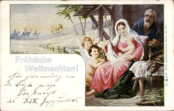 Künstler Ak Plockhorst, Frohe Weihnachten, Krippenszene, letzte Christnacht XIX. Jahrhundert