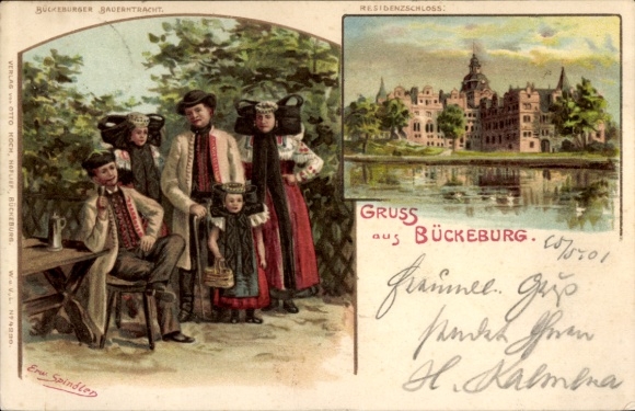 Artist Chromo-Litho Spindler, Erwin, Bückeburg in the district of Schaumburg, family in traditional costume, castle