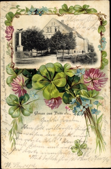 Passepartout ansichtkaart Peitz in Brandenburg, oorlogsmonument, klavers, vergeet-mij-nietjes