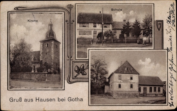 Ak Hausen Bufleben Nessetal in Thüringen, Schule, Kirche, Gasthaus