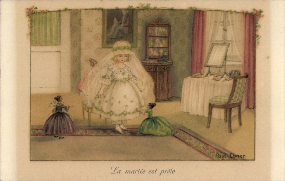 Künstler Ak Ebner, P., Mädchen in weißem Kleid, Braut, Puppen
