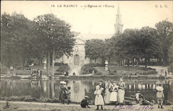 Ak Le Raincy Seine Saint Denis, Park mit See, Kirche, Spaziergänger, Menschen am Wasser, 1904