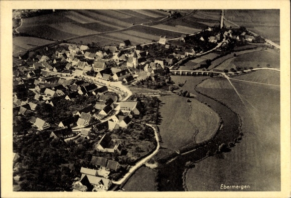 Postcard Ebermergen Harburg an der Wörnitz Swabia, aerial view of houses, landscape, river