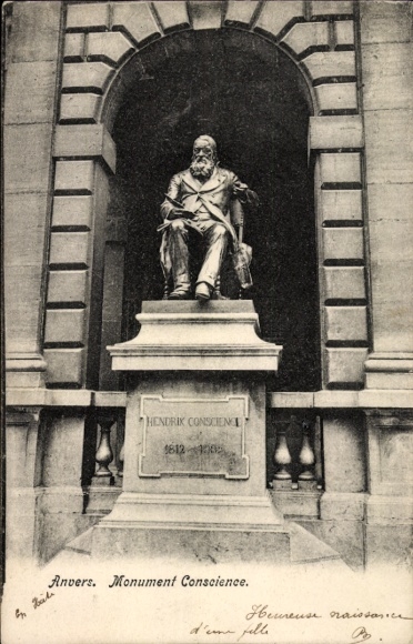 Postcard Anvers Antwerp Flanders, statue of Hendrik Conscience, inscription, Monument Conscience