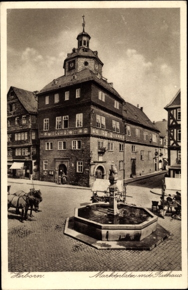 Postcard Herborn in Hesse, market square, town hall