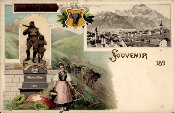 litho Altdorf Kt. Uri, Tell-monument, vrouw in klederdracht, stadsgezicht, advertentie Suchard