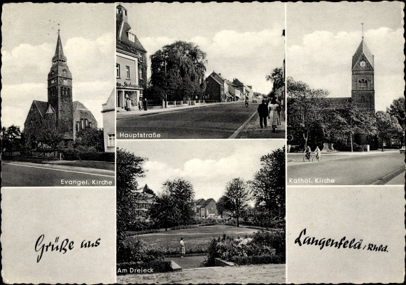 Postcard Langenfeld in the Rhineland, churches, main street, at the triangle