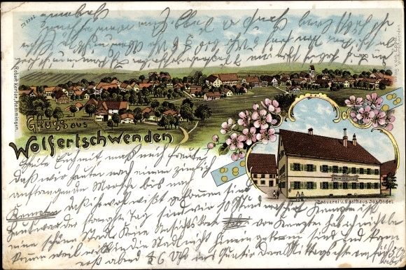 Chromo-Litho Wolfertschwandern Unterallgäu, view of the town, brewery and inn