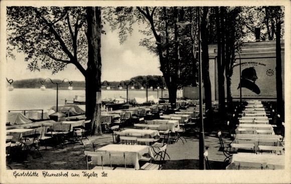 Postcard Berlin Reinickendorf Tegel Saatwinkel, Restaurant Blumeshof on Lake Tegel, owner Paul Targatsch