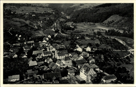Postcard Gurtweil Waldshut Tiengen am Hochrhein, aerial view of typical houses, green landscape