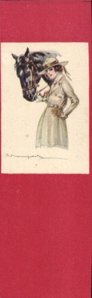 Artist Postcard Bompard, Sergio, Woman in riding costume, black horse