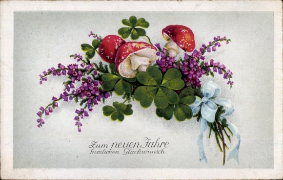 Ak Glückwunsch Neujahr, Blumen, Pilze, Kleeblätter