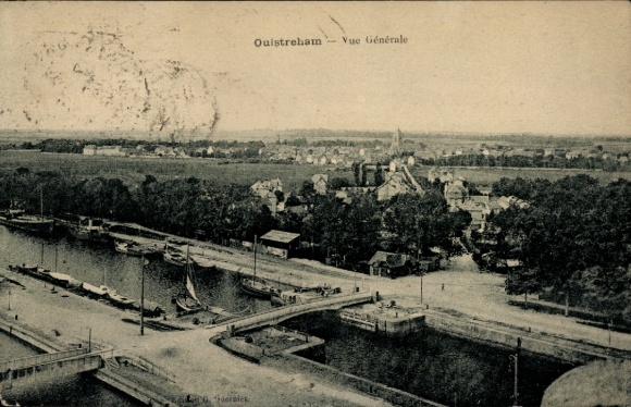 Postcard Ouistreham Calvados, landscape shot, ships in the harbor, wide meadows and trees