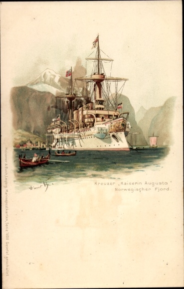 Kunstenaar litho Bohrdt, Hans, Duits oorlogsschip, kruiser Kaiserin Augusta, Noorse fjord