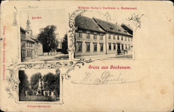 Ak Bockenem am Harz, Gasthaus, Kirche, Kriegerdenkmal