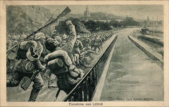 Kunstenaar Ak Liège Luik Wallonië, De verovering van Luik, binnen marcherende soldaten