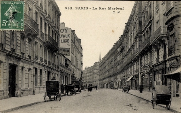Ansichtkaart Paris VIII., La Rue Marbeuf, American Bar, rijtuigen, straatbeeld