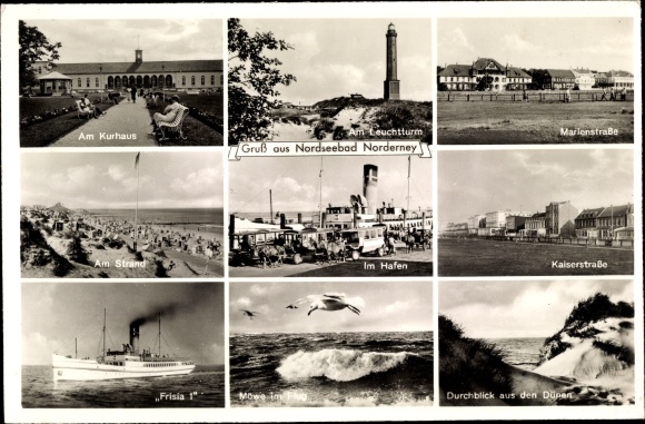 Ak Nordseebad Norderney Ostfriesland, vuurtoren, Marienstraße, Kaiserstraße, Friesland 1, Kurhaus