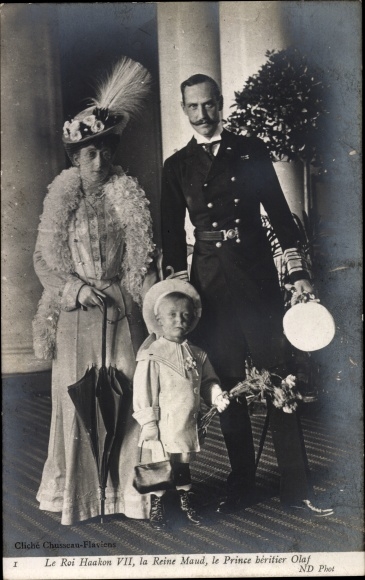 Ak, król Norwegii Haakon VII, królowa Maud, książę Olaf, portret