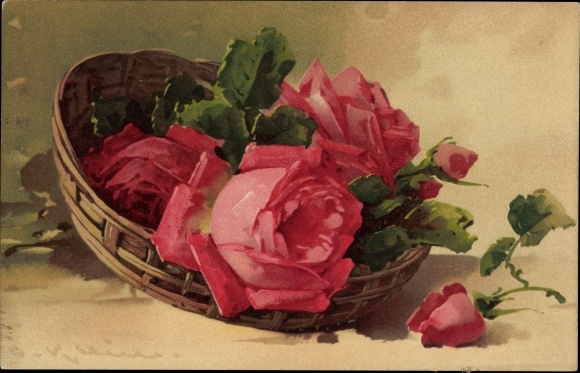 Artist Chromo-Litho Klein, Catharina, rose petals in a basket