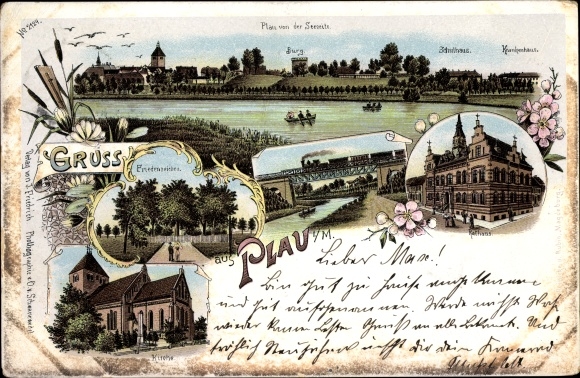 Chromo-Litho Plau am See, railway bridge, town hall, church, castle, oaks of peace