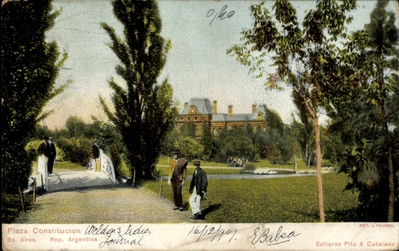 Postcard Buenos Aires Argentina, Plaza Constitucion, park landscape, people, bridge, hut