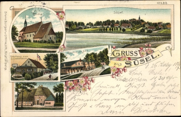 Chromo-Litho Süsel in Ostholstein, church, lakeside inn, view of the town