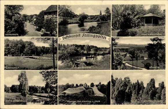 Ak Bad Fallingbostel Lüneburger Heide, Soltauer Straße, Freibad, Böhme, Hermann Löns Denkmal