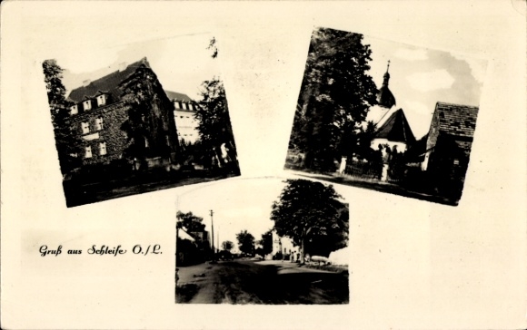Postcard Schleife in Upper Lusatia, school, church, village party