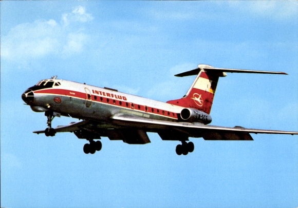 Postcard German passenger aircraft Tupolew TU-134, Interflug, turbine jet airliner