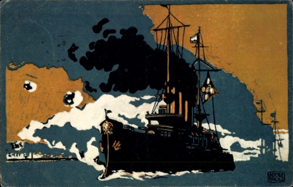 Kunstenaar Ak Scholz, Adolf, Duits oorlogsschip op zee, Collectie Duitse Rode Kruis