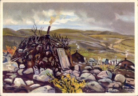 Artist Postcard Vollbehr, Finnish tent camouflaged with peat sods and rocks on the Liza Front, picture 15