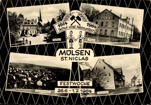 Ak St. Niclas Mülsen Saksen, school- en huisfeest, stadhuis, school, feestweek 1964