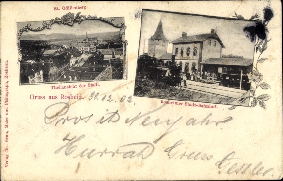 Postcard Rosheim Elsass Bas Rhin, Panorama, St. Odilienberg, Stadtbahnhof